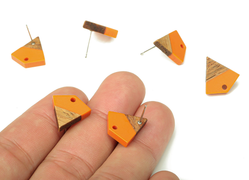Natural Wooden Diamond Earring Stud - Walnut Wood Orange Resin Rhombus Post - 316 Stainless Steel Stud - 16.35x15.23x3.28mm - BB1254B - DOMEDBAZAAR