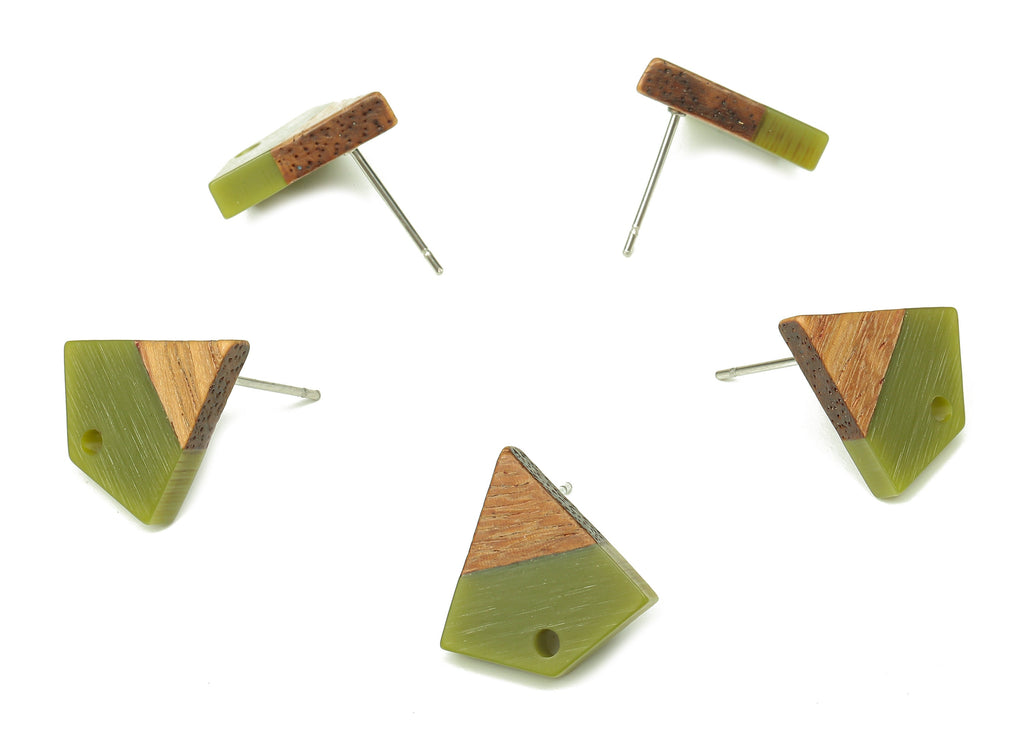 Natural Wooden Diamond Earring Stud - Walnut Wood Green Resin Rhombus Post - 316 Stainless Steel Stud - 16.35x15.23x3.28mm - BB1254C - DOMEDBAZAAR