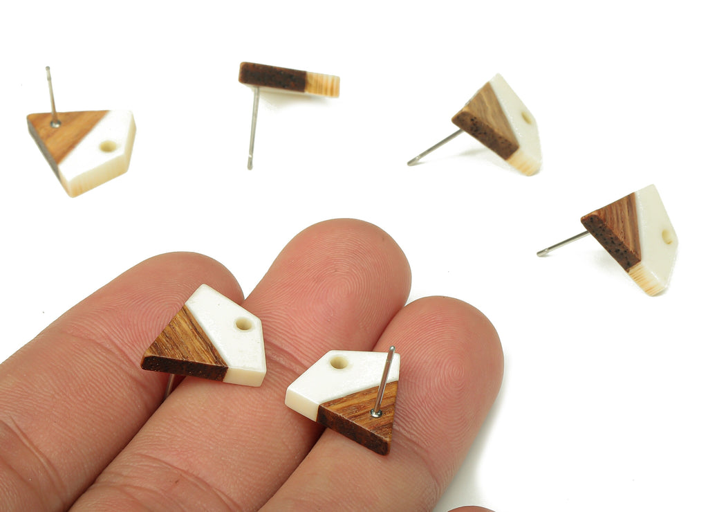 Natural Wooden Diamond Earring Stud - Walnut Wood White Resin Rhombus Post - 316 Stainless Steel Stud - 16.35x15.23x3.28mm - BB1254D - DOMEDBAZAAR