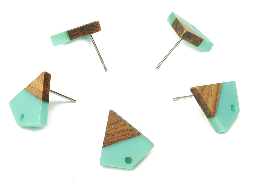 Natural Wooden Diamond Earring Stud - Walnut Wood Aqua Resin Rhombus Post - 316 Stainless Steel Stud - 16.35x15.23x3.28mm - BB1254F - DOMEDBAZAAR