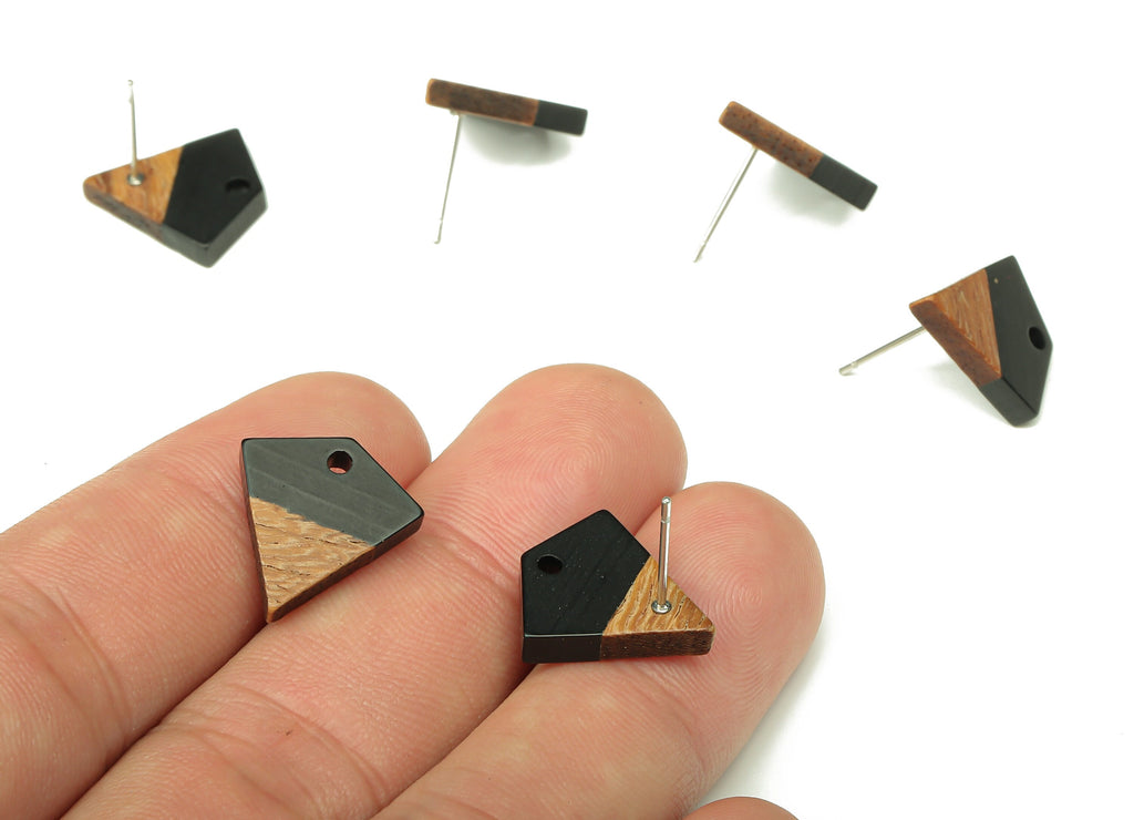 Natural Wooden Diamond Earring Stud - Walnut Wood Black Resin Rhombus Post - 316 Stainless Steel Stud - 16.35x15.23x3.28mm - BB1254H - DOMEDBAZAAR
