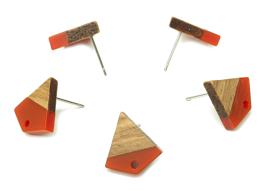 Natural Wooden Diamond Earring Stud - Walnut Wood Red Resin Rhombus Post - 316 Stainless Steel Stud - 16.35x15.23x3.28mm - BB1254J - DOMEDBAZAAR