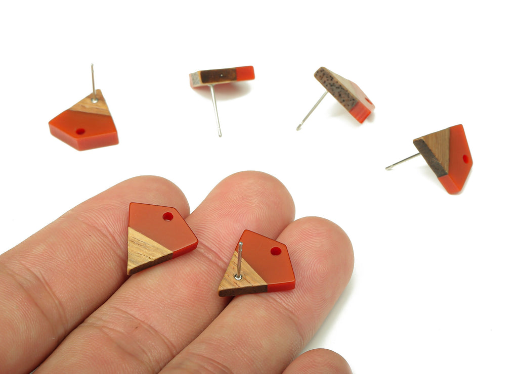 Natural Wooden Diamond Earring Stud - Walnut Wood Red Resin Rhombus Post - 316 Stainless Steel Stud - 16.35x15.23x3.28mm - BB1254J - DOMEDBAZAAR
