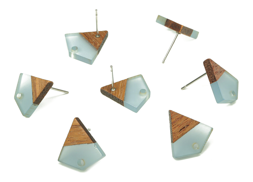 Natural Wooden Diamond Earring Stud - Walnut Wood Light Blue Resin Rhombus Post - 316 Stainless Steel Stud - 16.35x15.23x3.28mm - BB1254K - DOMEDBAZAAR