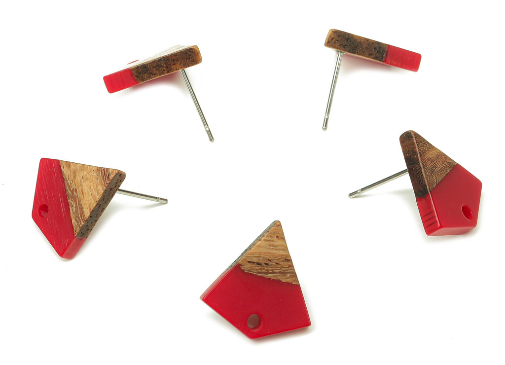Natural Wooden Diamond Earring Stud - Walnut Wood Red Resin Rhombus Post - 316 Stainless Steel Stud - 16.35x15.23x3.28mm - BB1254L - DOMEDBAZAAR