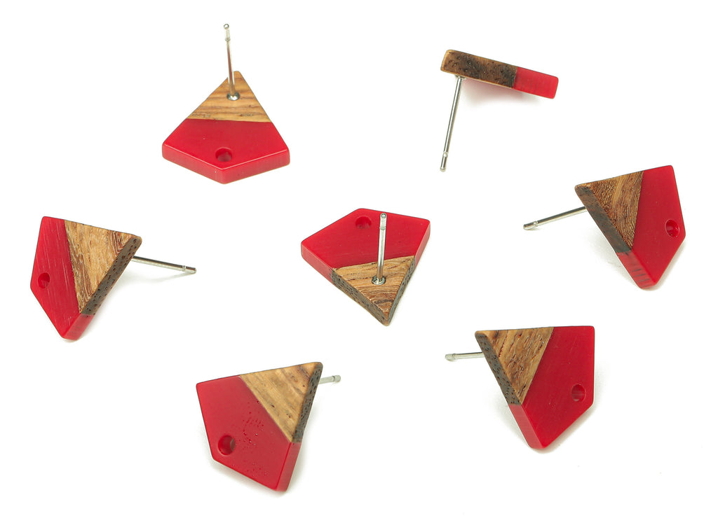 Natural Wooden Diamond Earring Stud - Walnut Wood Red Resin Rhombus Post - 316 Stainless Steel Stud - 16.35x15.23x3.28mm - BB1254L - DOMEDBAZAAR