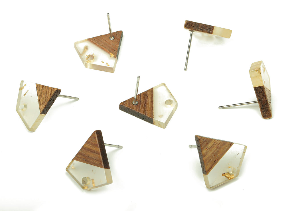 Natural Wooden Diamond Earring Stud - Walnut Wood Gold Foil Clear Resin Rhombus Post - 316 Stainless Steel Stud - 16.4x15.23x3.3mm - BB1254S - DOMEDBAZAAR