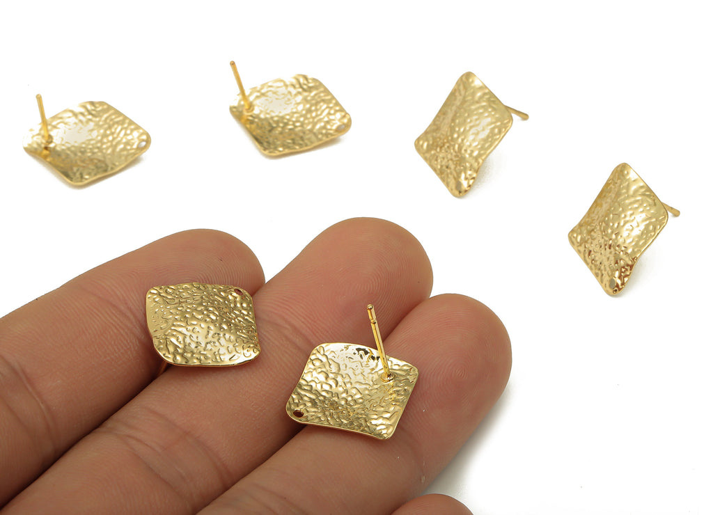 Brass Rhombus Spotted Earring Post - Dots Hammered Earring Stud - Stainless Steel Stud - 18K Real Gold Plating - 19.15x17.2x0.85mm - RGP5176 - DOMEDBAZAAR