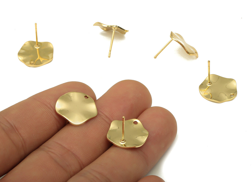 Brass Wave Round Earrings Stud - Gold Plated Brass Wavy Posts - Stainless Steel Stud - 18K Real Gold Plated - 15.48x15.48x1.08mm - RGP5182 - DOMEDBAZAAR