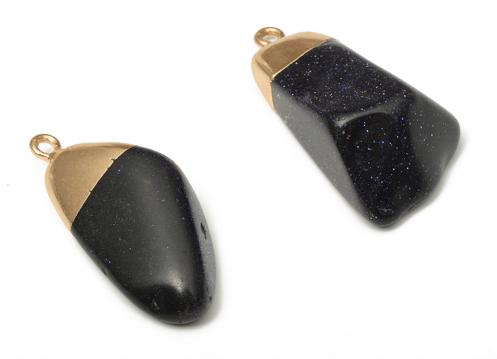 Natural Stone Earrings - Brass Faceted Blue Sand Earring Charm - Blue Sandstone Pendant - Gold Tone Plating - 31.78x14.34x8.03mm - NS1865E - DOMEDBAZAAR