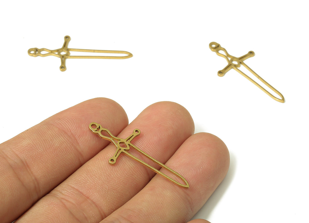 Brass Sword Earring Charm - Raw Brass Sword Cutout Pendant With Loop - Hollow Charm - Sword Charm - 34.57x15.63x0.9mm - PPA4894 - DOMEDBAZAAR