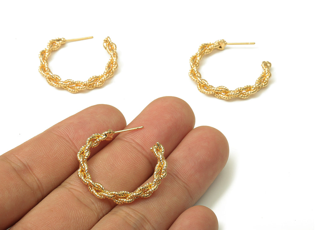 Brass Round Twisted Wire Earring - Gold Rope Open Hoop Earring Post - Stainless Steel Stud - 18K Real Gold Plating -29.1x25.6x4.1mm -RGP5217 - DOMEDBAZAAR