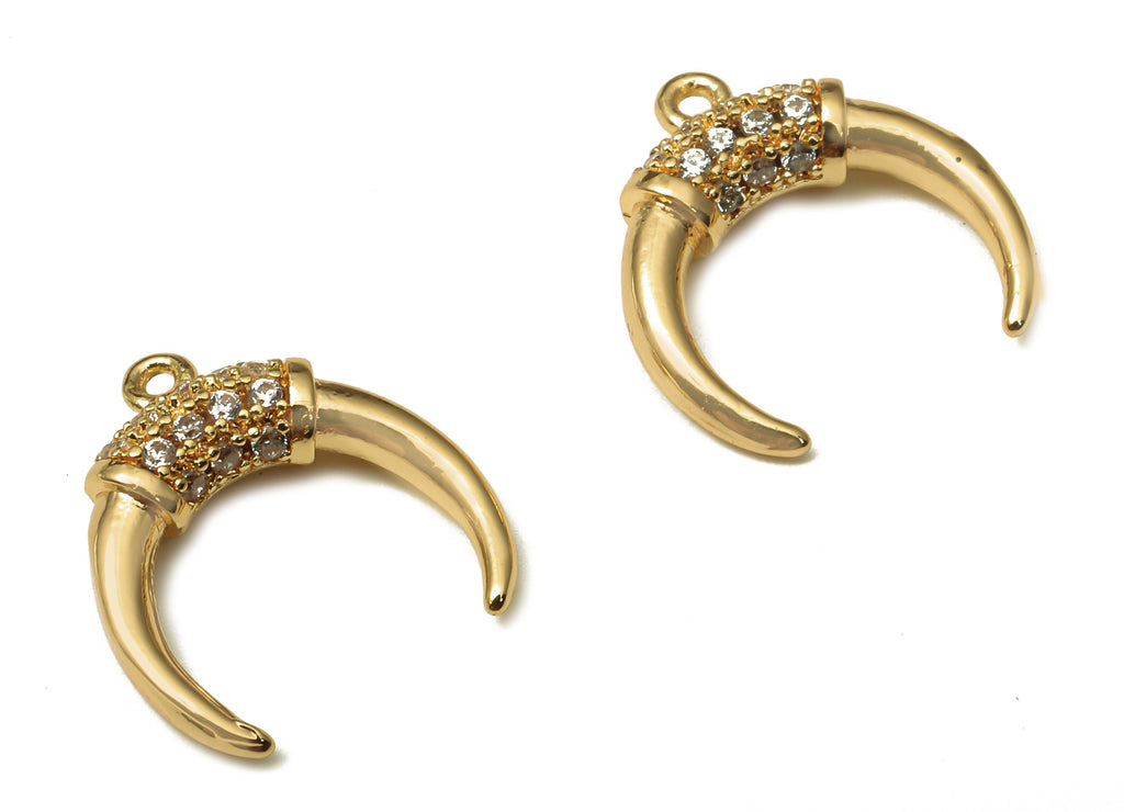 Brass Crescent Moon Earring Charms WIth Zircon - Moon Pendant With Loop - 18K Real Gold Plating - For Necklace - 12.8x11.93x3.16mm - RGP5225 - DOMEDBAZAAR