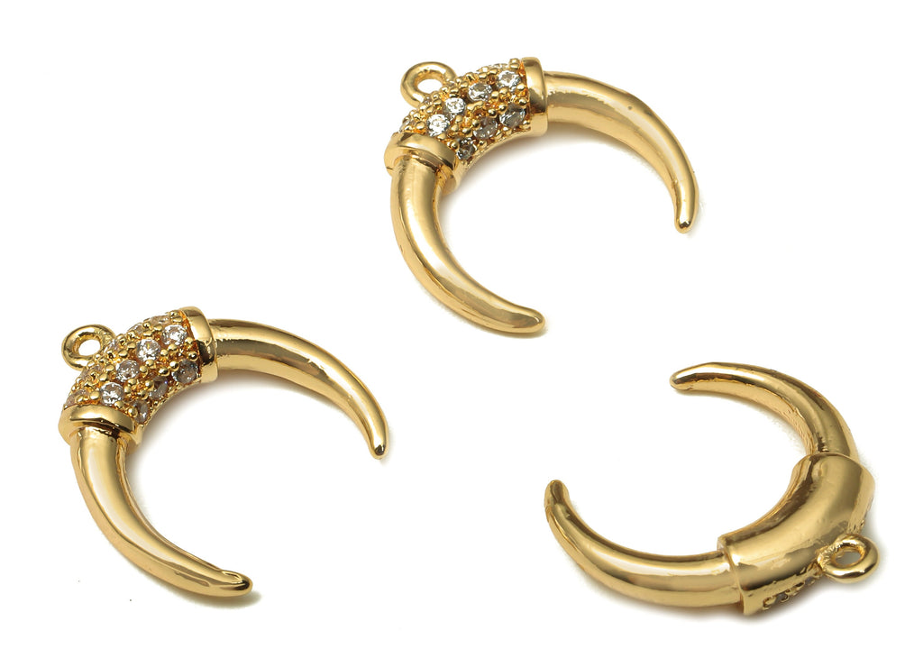 Brass Crescent Moon Earring Charms WIth Zircon - Moon Pendant With Loop - 18K Real Gold Plating - For Necklace - 12.8x11.93x3.16mm - RGP5225 - DOMEDBAZAAR