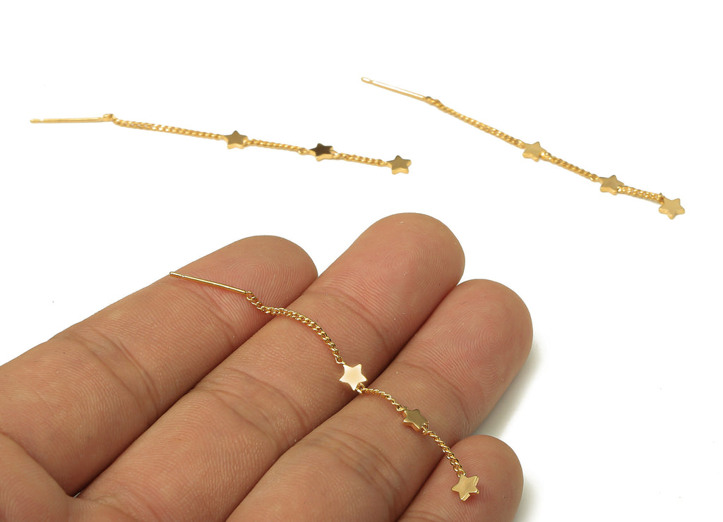 Brass Chain Tassel Earring Post - Gold Curb Chain Earring With Stars - 316 Stainless Steel - 18k Real Gold Plating - 50.9x4.3x0.7mm -RGP5231 - DOMEDBAZAAR
