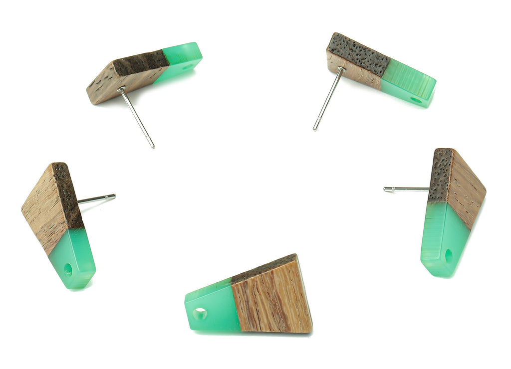 Natural Wooden Trapezoid Earring Stud - Walnut Wood Light Green Resin Earring Post - 316 Stainless Steel Stud - 17.86x12.37x2.5mm - BB1260N - DOMEDBAZAAR