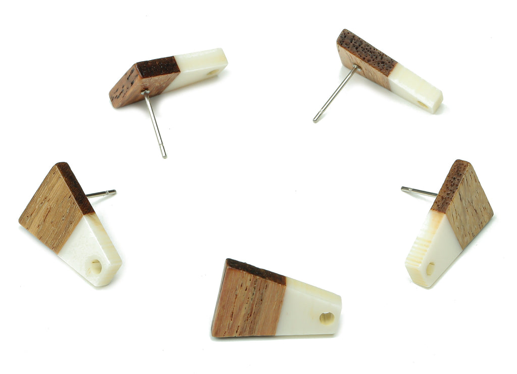 Natural Wooden Trapezoid Earring Stud - Walnut Wood White Resin Earring Post - 316 Stainless Steel Stud - 17.86x12.37x2.5mm - BB1260P - DOMEDBAZAAR