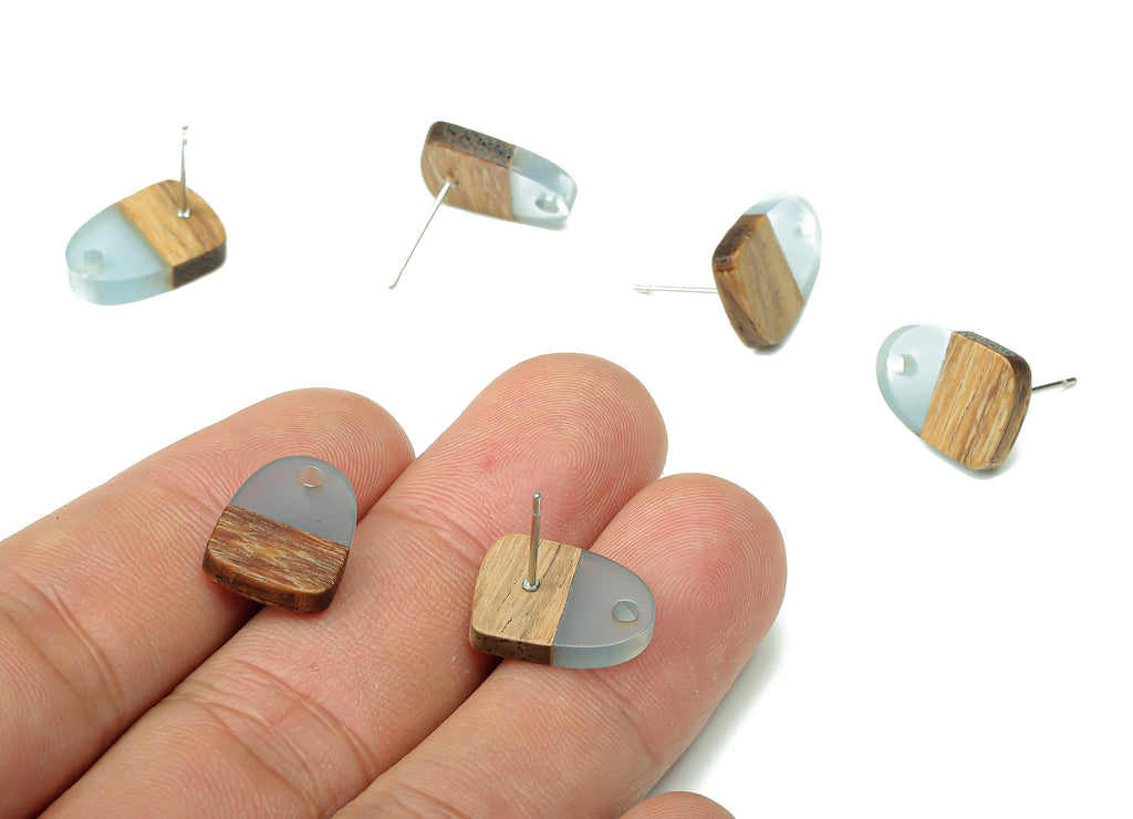 Natural Wooden Domed Earring Stud - Walnut Wood Light Blue Resin Drop Earring Post - 316 Stainless Steel Stud - 15.18x11.01x3.18mm - BB1261A - DOMEDBAZAAR