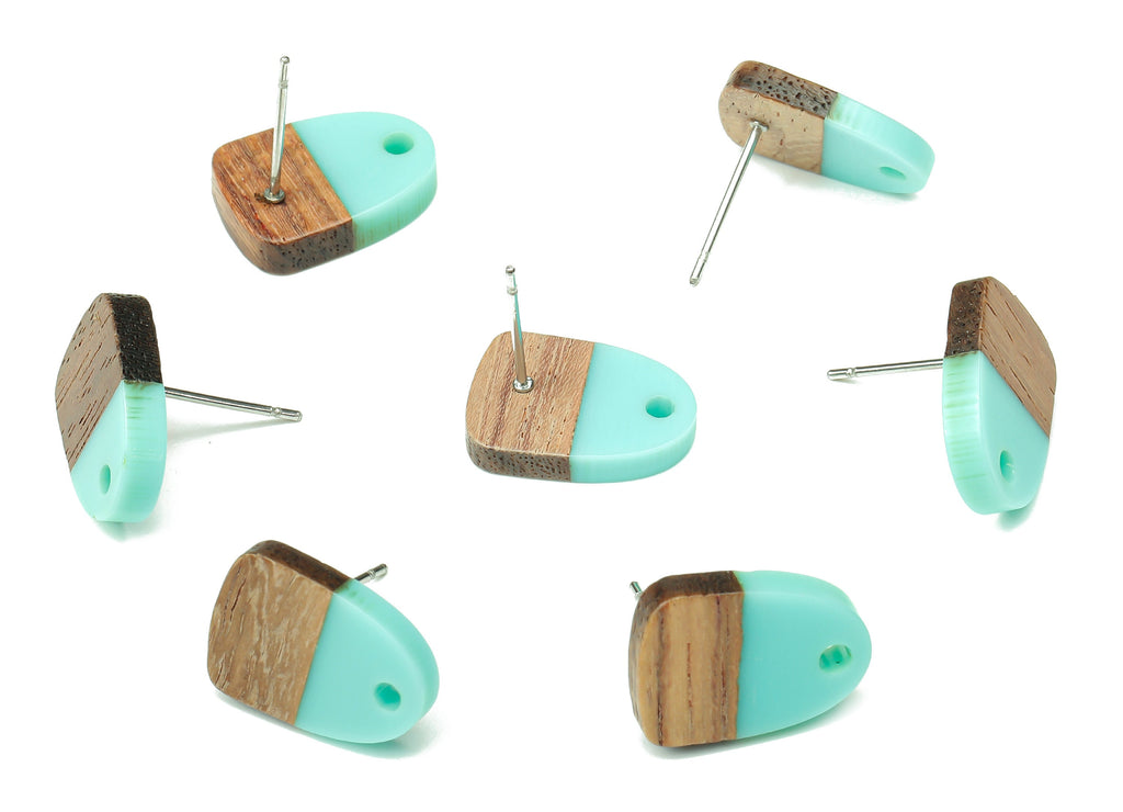 Natural Wooden Domed Earring Stud - Walnut Wood Aqua Resin Drop Earring Post - 316 Stainless Steel Stud - 15.18x11.01x3.18mm - BB1261B - DOMEDBAZAAR