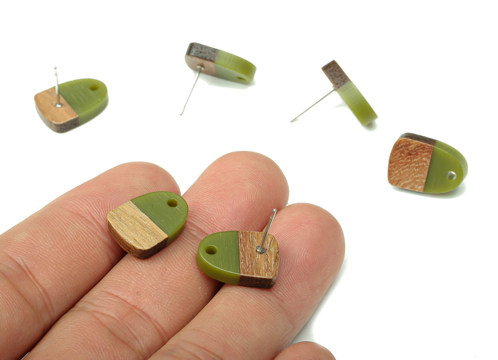 Natural Wooden Domed Earring Stud - Walnut Wood Dark Green Resin Drop Earring Post - 316 Stainless Steel Stud - 15.18x11.01x3.18mm - BB1261H - DOMEDBAZAAR
