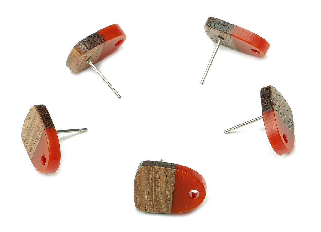 Natural Wooden Domed Earring Stud - Walnut Wood Red Resin Drop Earring Post - 316 Stainless Steel Stud - 15.18x11.01x3.18mm - BB1261L - DOMEDBAZAAR