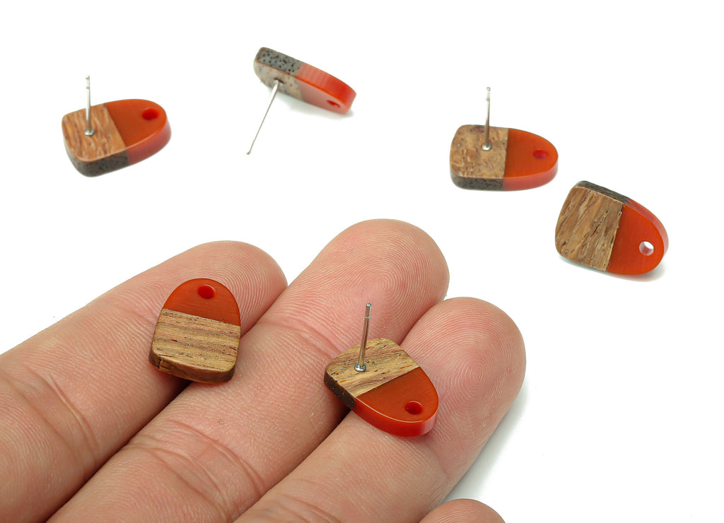 Natural Wooden Domed Earring Stud - Walnut Wood Red Resin Drop Earring Post - 316 Stainless Steel Stud - 15.18x11.01x3.18mm - BB1261L - DOMEDBAZAAR