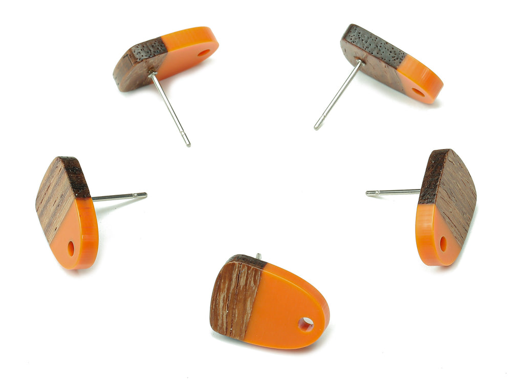 Natural Wooden Domed Earring Stud - Walnut Wood Orange Resin Drop Earring Post - 316 Stainless Steel Stud - 15.18x11.01x3.18mm - BB1261N - DOMEDBAZAAR