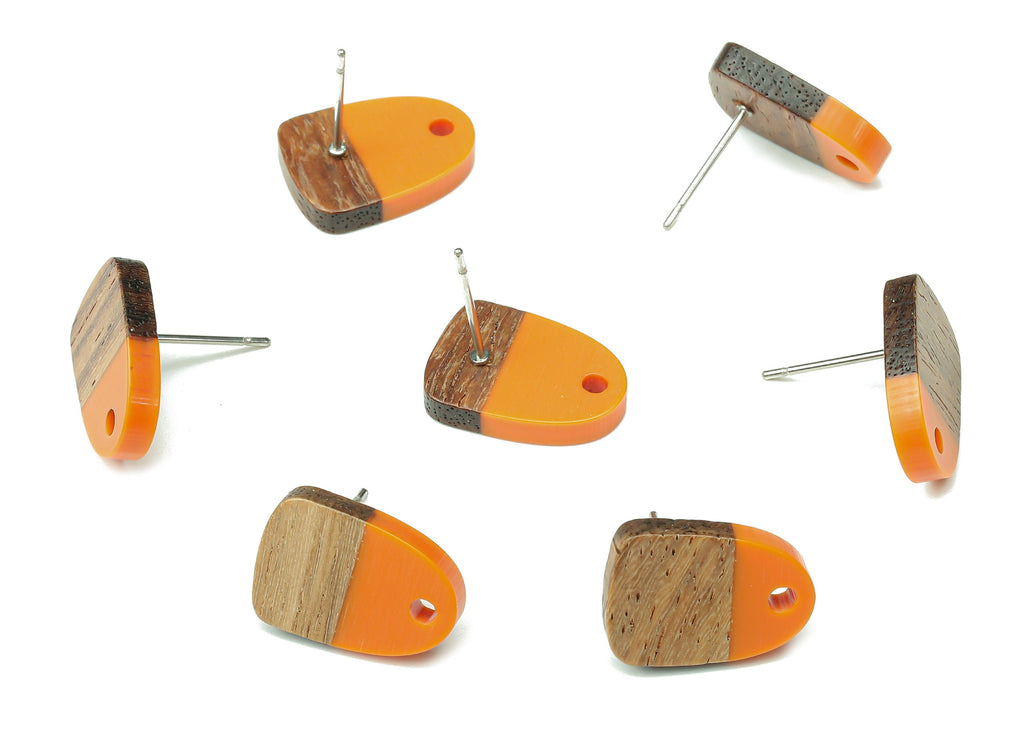Natural Wooden Domed Earring Stud - Walnut Wood Orange Resin Drop Earring Post - 316 Stainless Steel Stud - 15.18x11.01x3.18mm - BB1261N - DOMEDBAZAAR