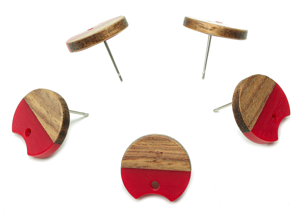 Natural Wooden Round Earring Stud - Walnut Wood Red Resin Circle Earring Post - 316 Stainless Steel Stud - 17x15.93x2.8mm - BB1262A - DOMEDBAZAAR