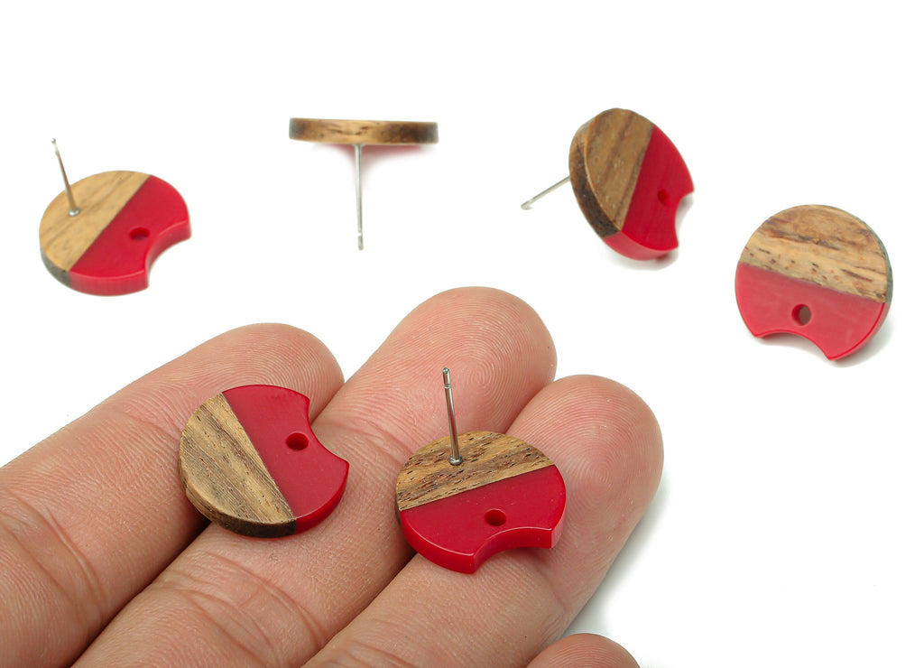 Natural Wooden Round Earring Stud - Walnut Wood Red Resin Circle Earring Post - 316 Stainless Steel Stud - 17x15.93x2.8mm - BB1262A - DOMEDBAZAAR