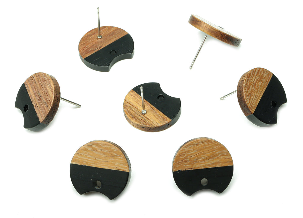 Natural Wooden Round Earring Stud - Walnut Wood Black Resin Circle Earring Post - 316 Stainless Steel Stud - 17x15.93x2.8mm - BB1262B - DOMEDBAZAAR