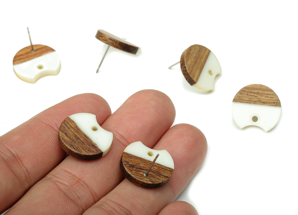 Natural Wooden Round Earring Stud - Walnut Wood White Resin Circle Earring Post - 316 Stainless Steel Stud - 17x15.93x2.8mm - BB1262C - DOMEDBAZAAR