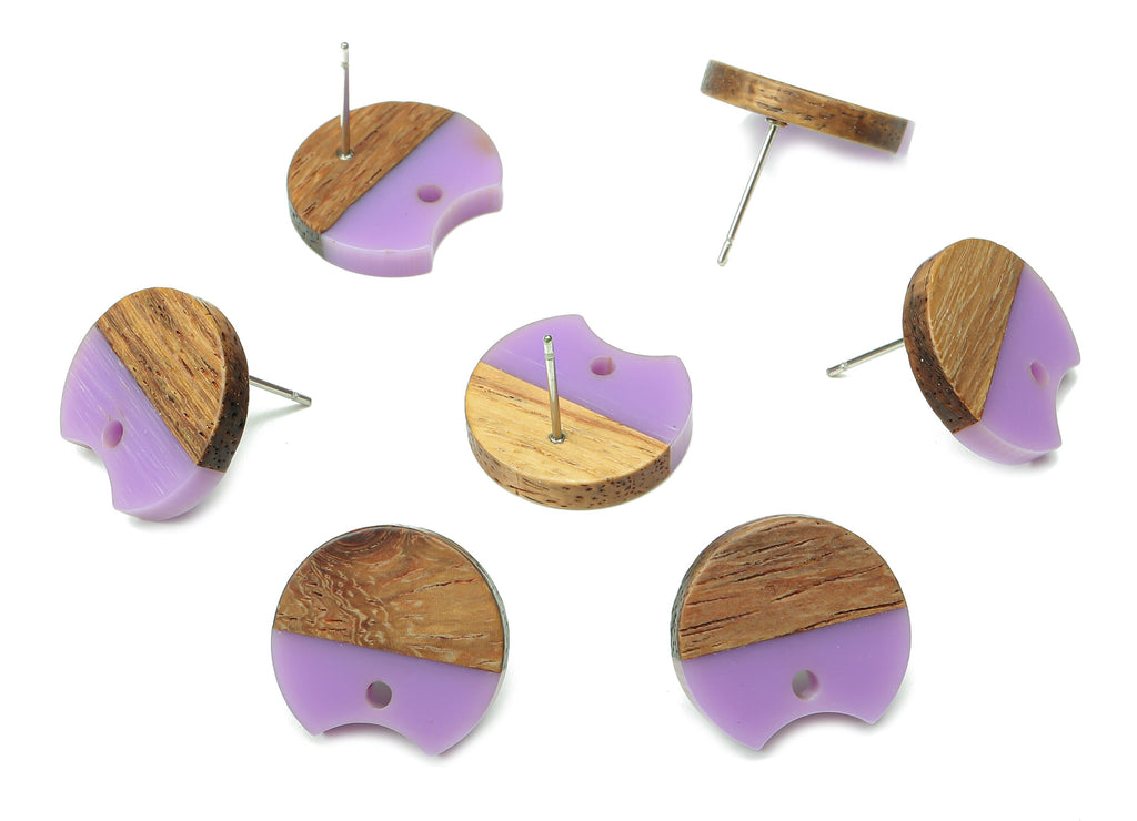 Natural Wooden Round Earring Stud - Walnut Wood Purple Resin Circle Earring Post - 316 Stainless Steel Stud - 17x15.93x2.8mm - BB1262F - DOMEDBAZAAR