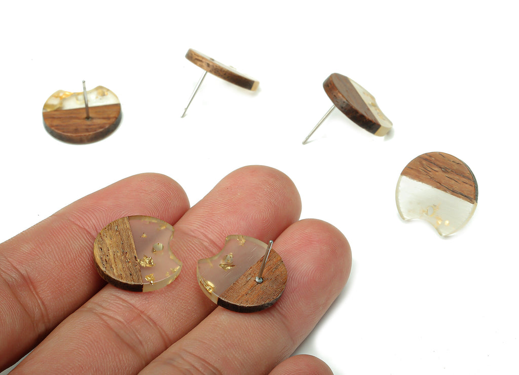 Natural Wooden Round Earring Stud - Walnut Wood Gold Foil Clear Resin Circle Earring Post - 316 Stainless Steel Stud -17x15.9x2.8mm -BB1262E - DOMEDBAZAAR