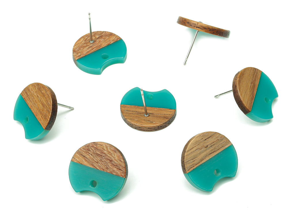 Natural Wooden Round Earring Stud - Walnut Wood Green Resin Circle Earring Post - 316 Stainless Steel Stud - 17x15.93x2.8mm - BB1262G - DOMEDBAZAAR