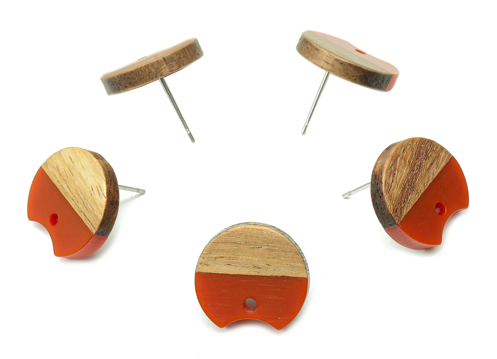 Natural Wooden Round Earring Stud - Walnut Wood Red Resin Circle Earring Post - 316 Stainless Steel Stud - 17x15.93x2.8mm - BB1262K - DOMEDBAZAAR