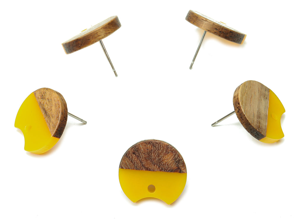 Natural Wooden Round Earring Stud - Walnut Wood Yellow Resin Circle Earring Post - 316 Stainless Steel Stud - 17x15.93x2.8mm - BB1262L - DOMEDBAZAAR