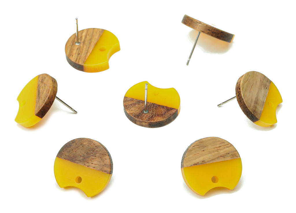 Natural Wooden Round Earring Stud - Walnut Wood Yellow Resin Circle Earring Post - 316 Stainless Steel Stud - 17x15.93x2.8mm - BB1262L - DOMEDBAZAAR