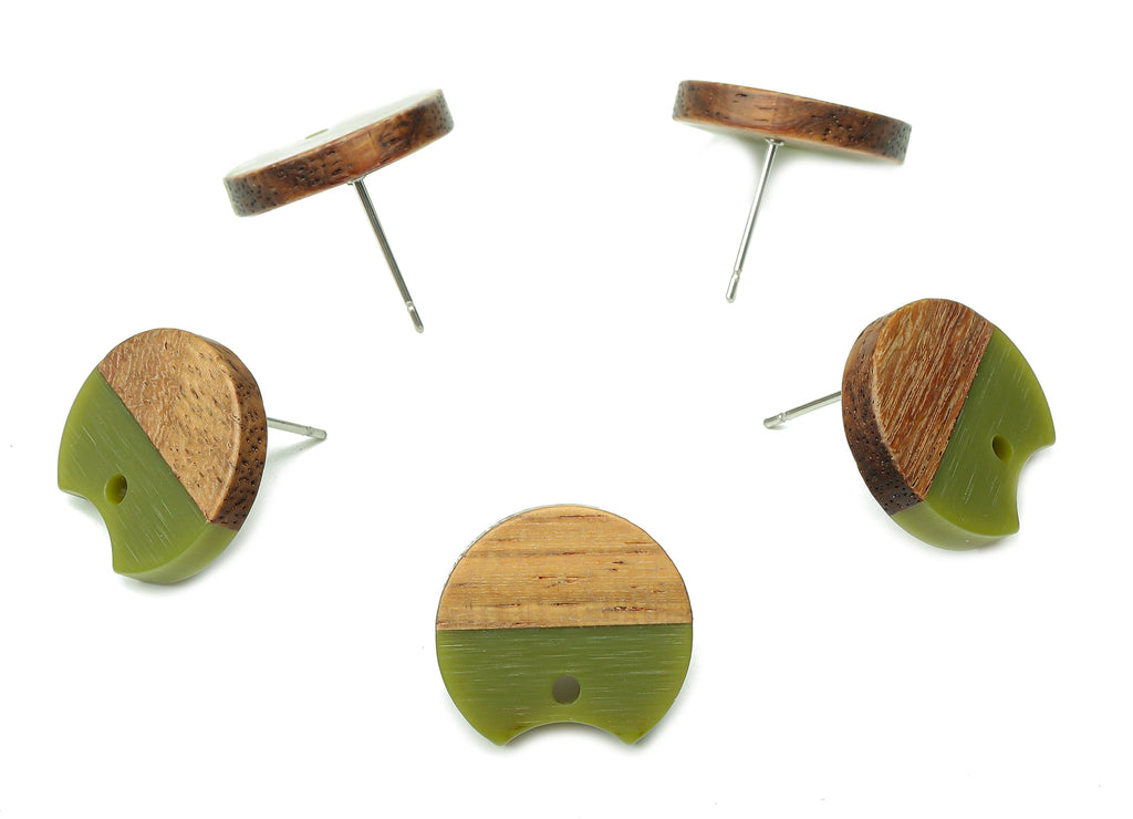 Natural Wooden Round Earring Stud - Walnut Wood Green Resin Circle Earring Post - 316 Stainless Steel Stud - 17x15.93x2.8mm - BB1262N - DOMEDBAZAAR
