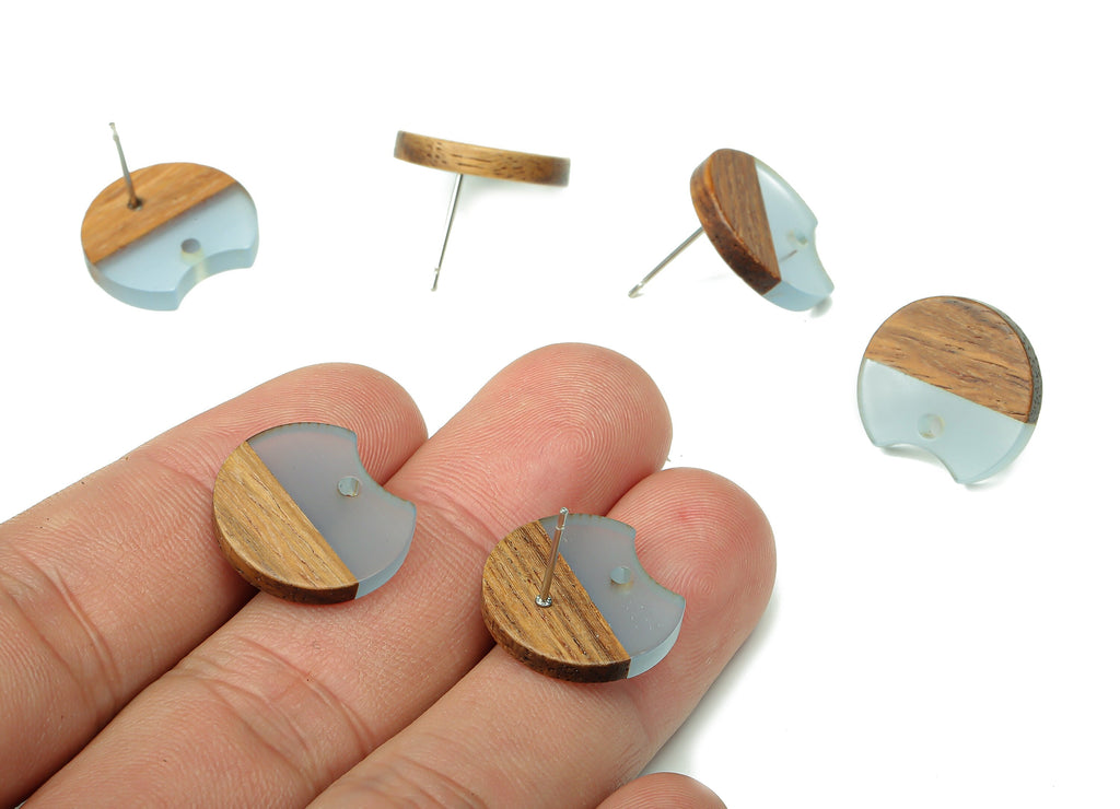 Natural Wooden Round Earring Stud - Walnut Wood Light Blue Resin Circle Earring Post - 316 Stainless Steel Stud - 17x15.93x2.8mm - BB1262J - DOMEDBAZAAR