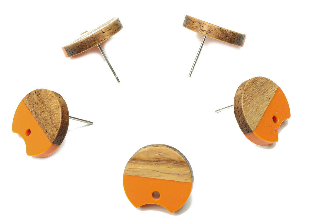 Natural Wooden Round Earring Stud - Walnut Wood Orange Resin Circle Earring Post - 316 Stainless Steel Stud - 17x15.93x2.8mm - BB1262R - DOMEDBAZAAR