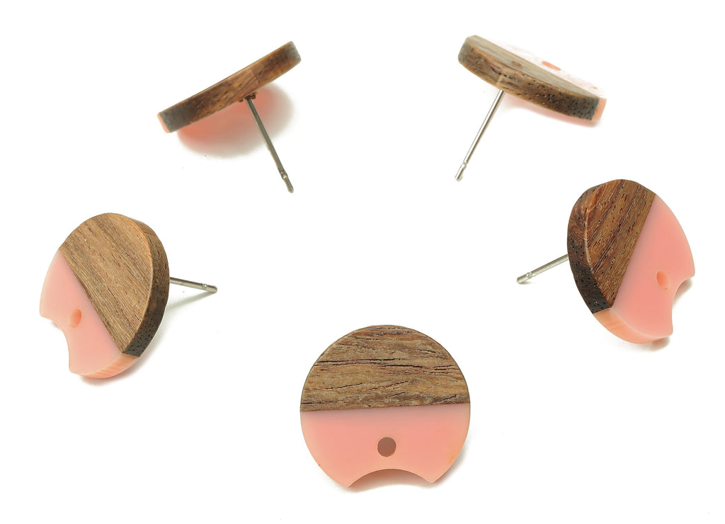 Natural Wooden Round Earring Stud - Walnut Wood Pink Resin Circle Earring Post - 316 Stainless Steel Stud - 17x15.93x2.8mm - BB1262S - DOMEDBAZAAR