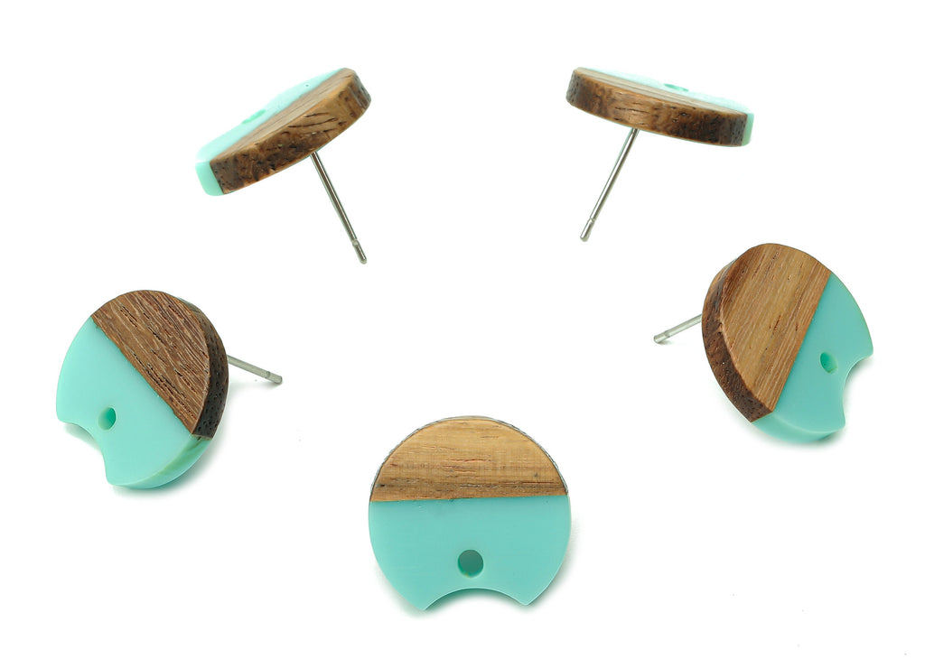 Natural Wooden Round Earring Stud - Walnut Wood Aqua Resin Circle Earring Post - 316 Stainless Steel Stud - 17x15.93x2.8mm - BB1262P - DOMEDBAZAAR