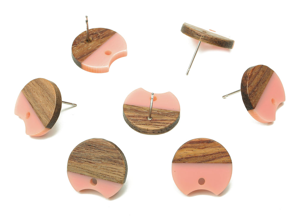 Natural Wooden Round Earring Stud - Walnut Wood Pink Resin Circle Earring Post - 316 Stainless Steel Stud - 17x15.93x2.8mm - BB1262S - DOMEDBAZAAR