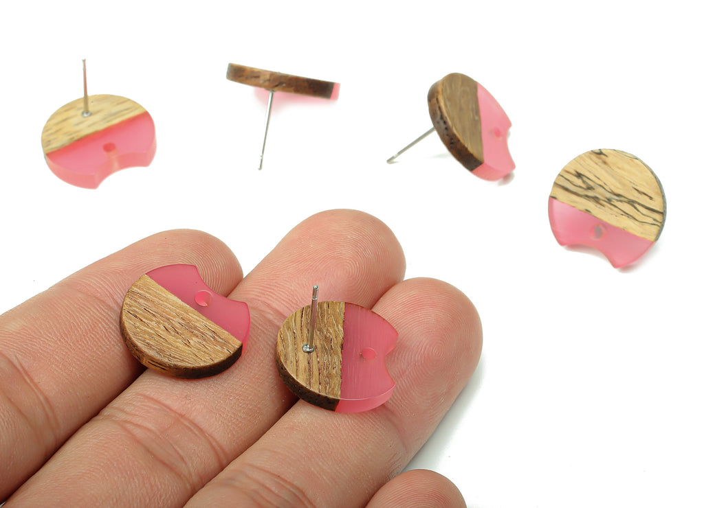Natural Wooden Round Earring Stud - Walnut Wood Pink Resin Circle Earring Post - 316 Stainless Steel Stud - 17x15.93x2.8mm - BB1262M - DOMEDBAZAAR