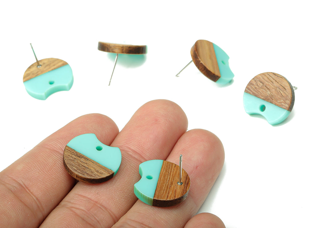Natural Wooden Round Earring Stud - Walnut Wood Aqua Resin Circle Earring Post - 316 Stainless Steel Stud - 17x15.93x2.8mm - BB1262P - DOMEDBAZAAR