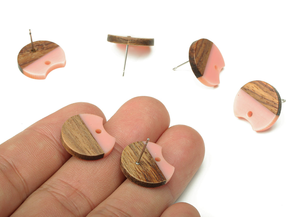 Natural Wooden Round Earring Stud - Walnut Wood Pink Resin Circle Earring Post - 316 Stainless Steel Stud - 17x15.93x2.8mm - BB1262S - DOMEDBAZAAR