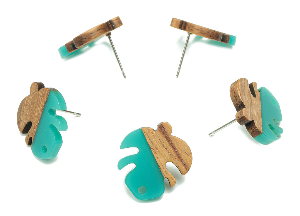 Natural Wooden Leaf Earring Stud - Walnut Wood Green Resin Monstera Earring Post - 316 Stainless Steel Stud - 19.38x17.07x2.48mm - BB1255A - DOMEDBAZAAR