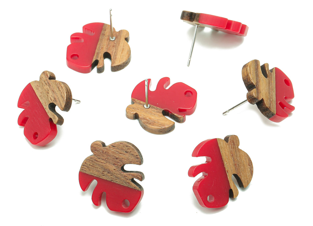 Natural Wooden Leaf Earring Stud - Walnut Wood Red Resin Monstera Earring Post - 316 Stainless Steel Stud - 19.38x17.07x2.48mm - BB1255B - DOMEDBAZAAR