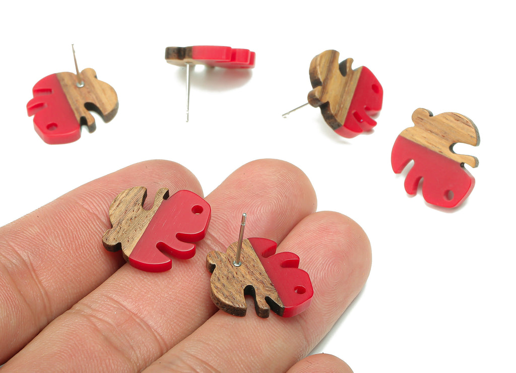 Natural Wooden Leaf Earring Stud - Walnut Wood Red Resin Monstera Earring Post - 316 Stainless Steel Stud - 19.38x17.07x2.48mm - BB1255B - DOMEDBAZAAR
